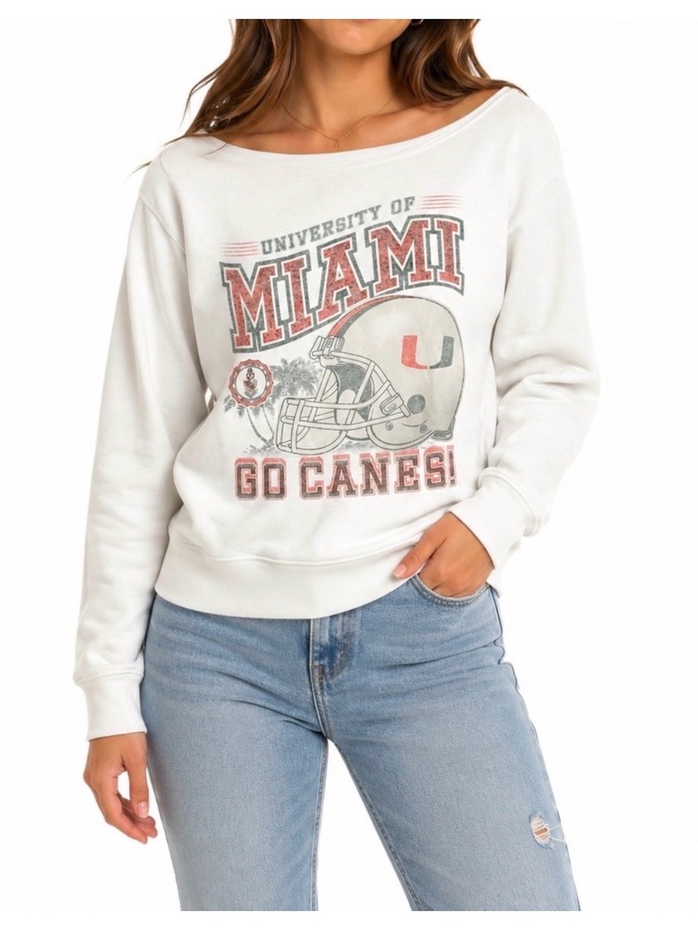 Hollister University of Miami Off the Shoulder Gameday Crewneck UMiami Canes L